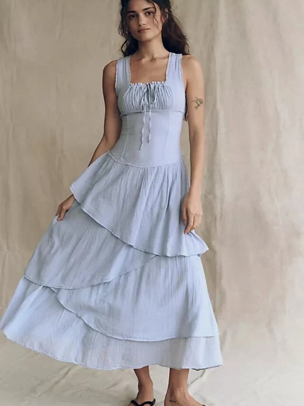 Free People Pearl Blue Tier Midi Dress w/ Square Neck & Open Back:Worn 1x, Large